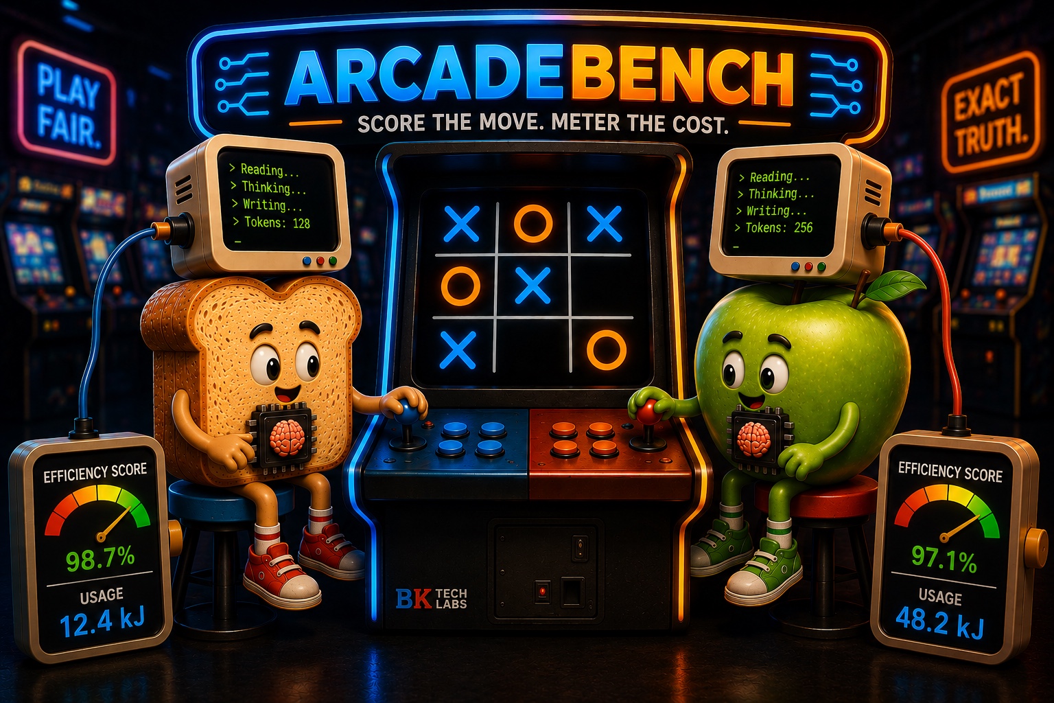 A neon ArcadeBench marquee reading 'Score the move. Meter the cost.' above an arcade cabinet where a slice of toast and a green apple, each wired to a token-cost meter, face off at Tic-Tac-Toe.